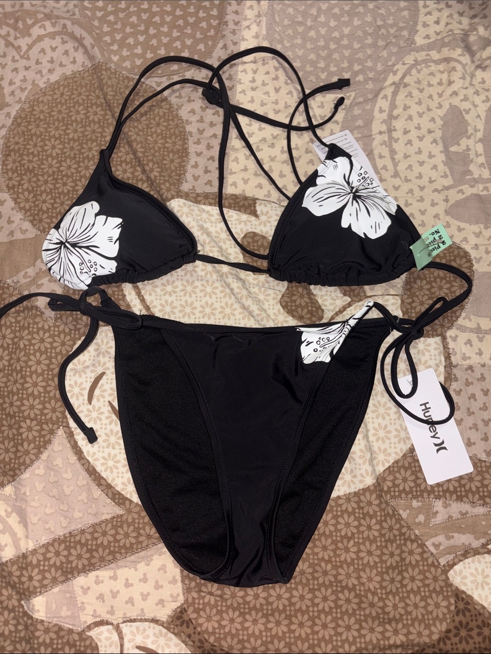 Hurley Black & White Floral String Bikini Set